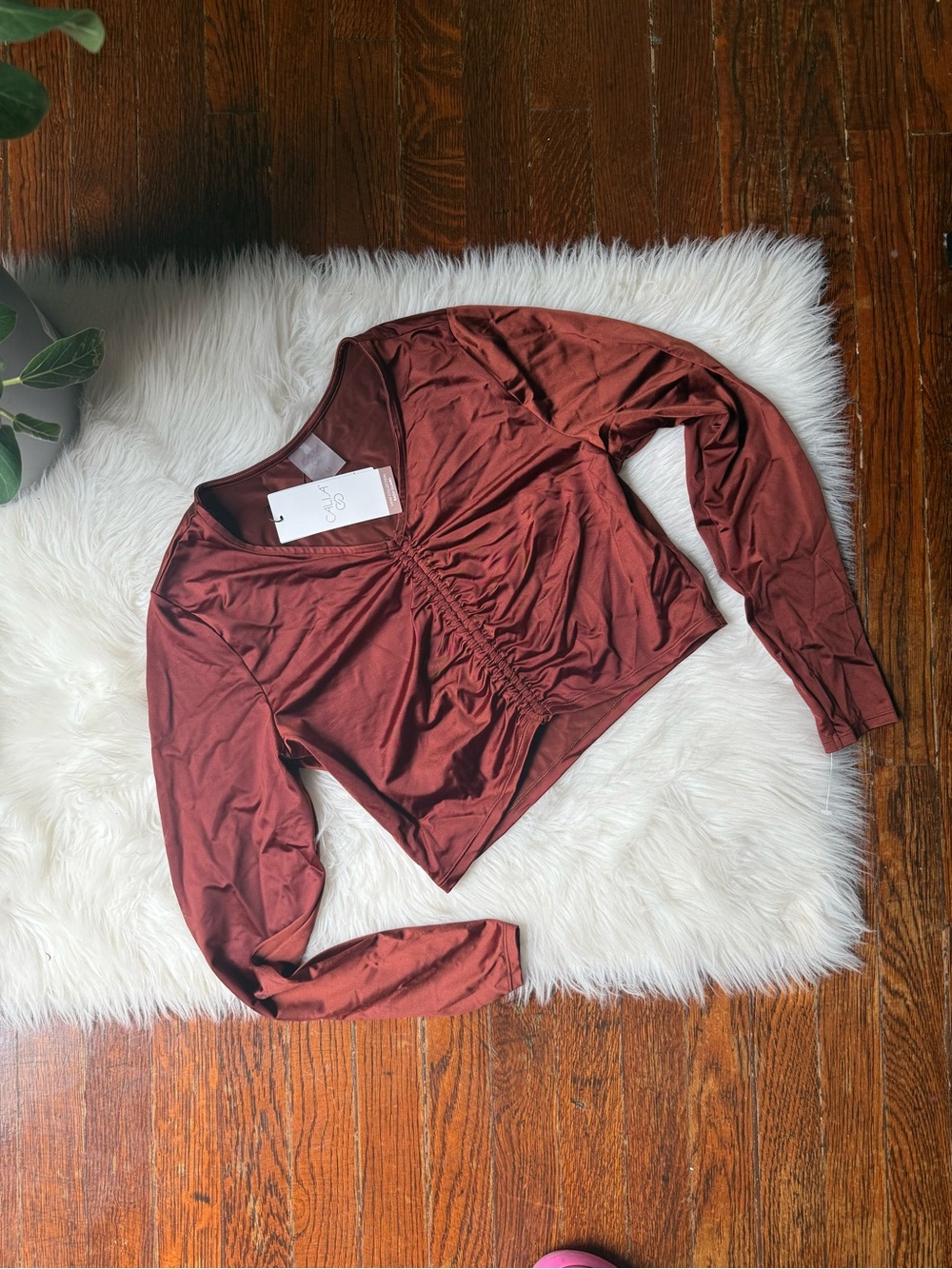 Calia Rash Guard Rust Metallic Ruched Swim Top NWT Size M